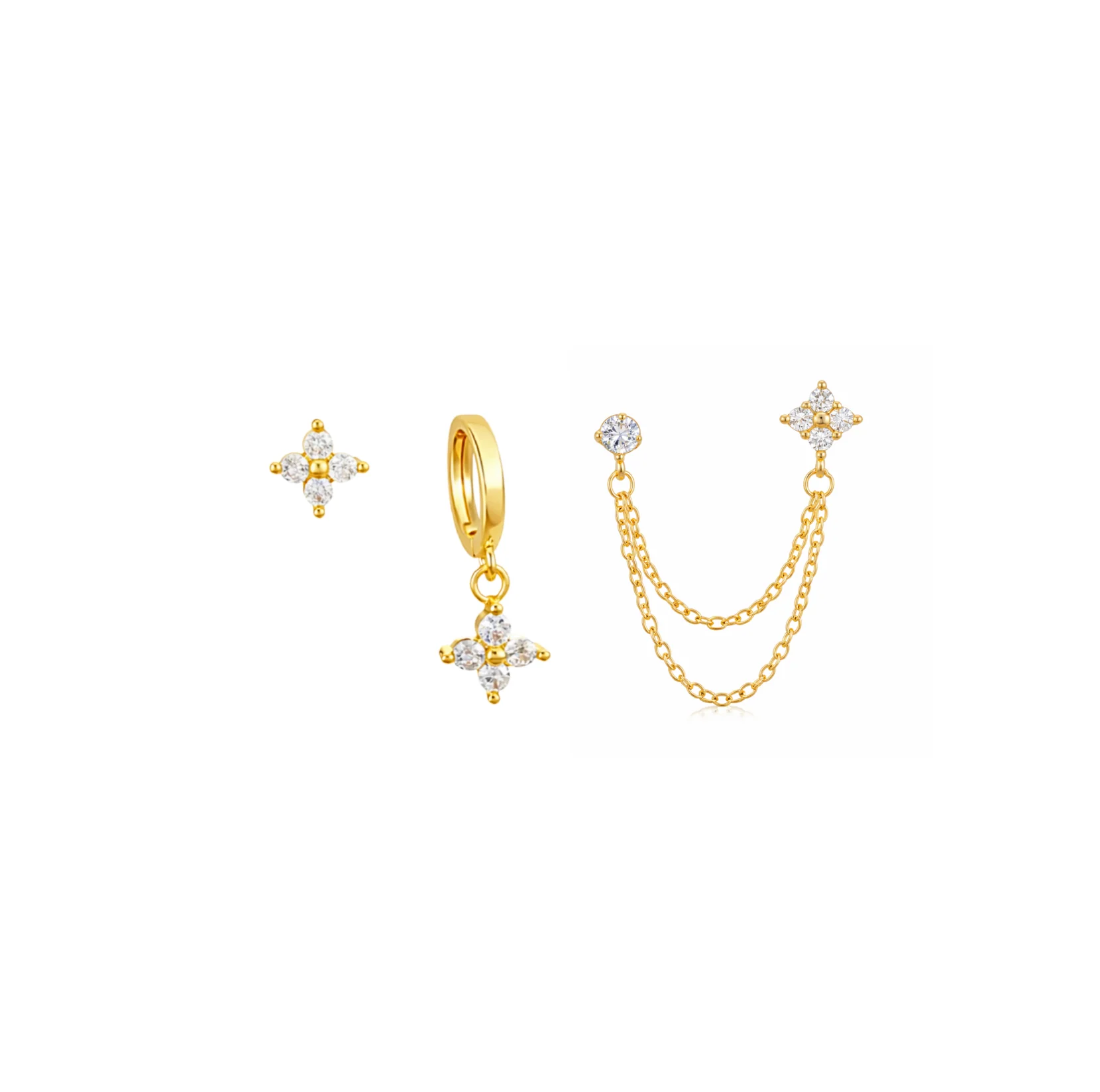Gold Clover Chain and Huggie Set