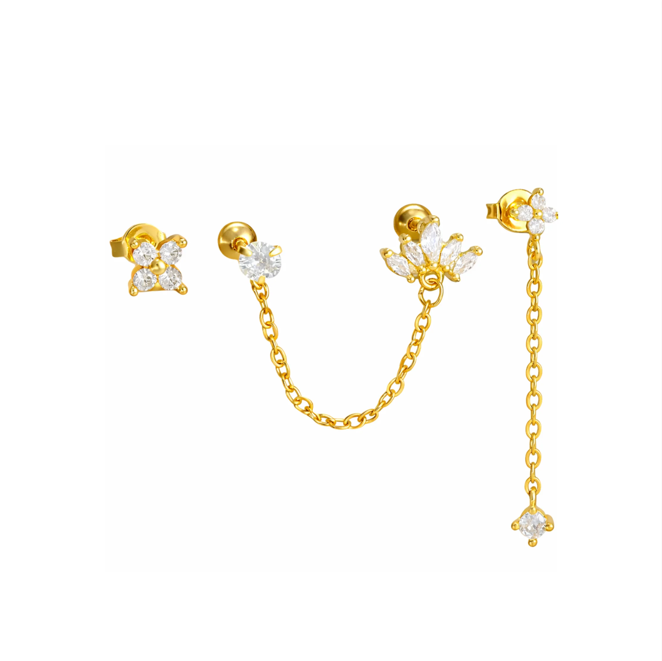 Gold Dangly Chain Crown Stud Set