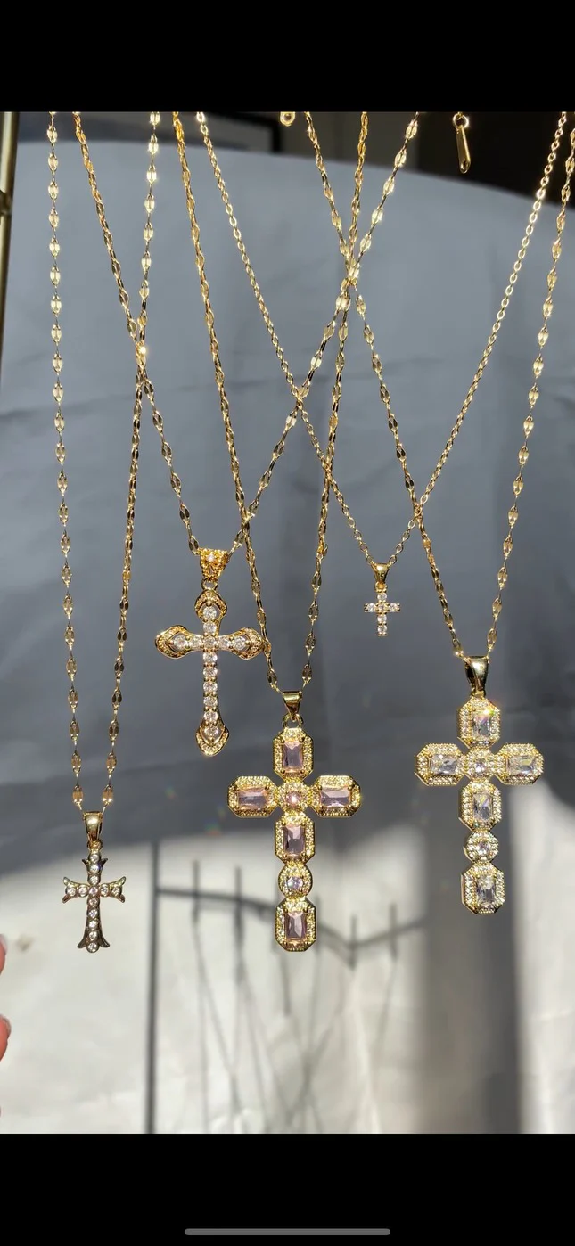 Gold Gothic Crystal Cross Necklace - Image 3