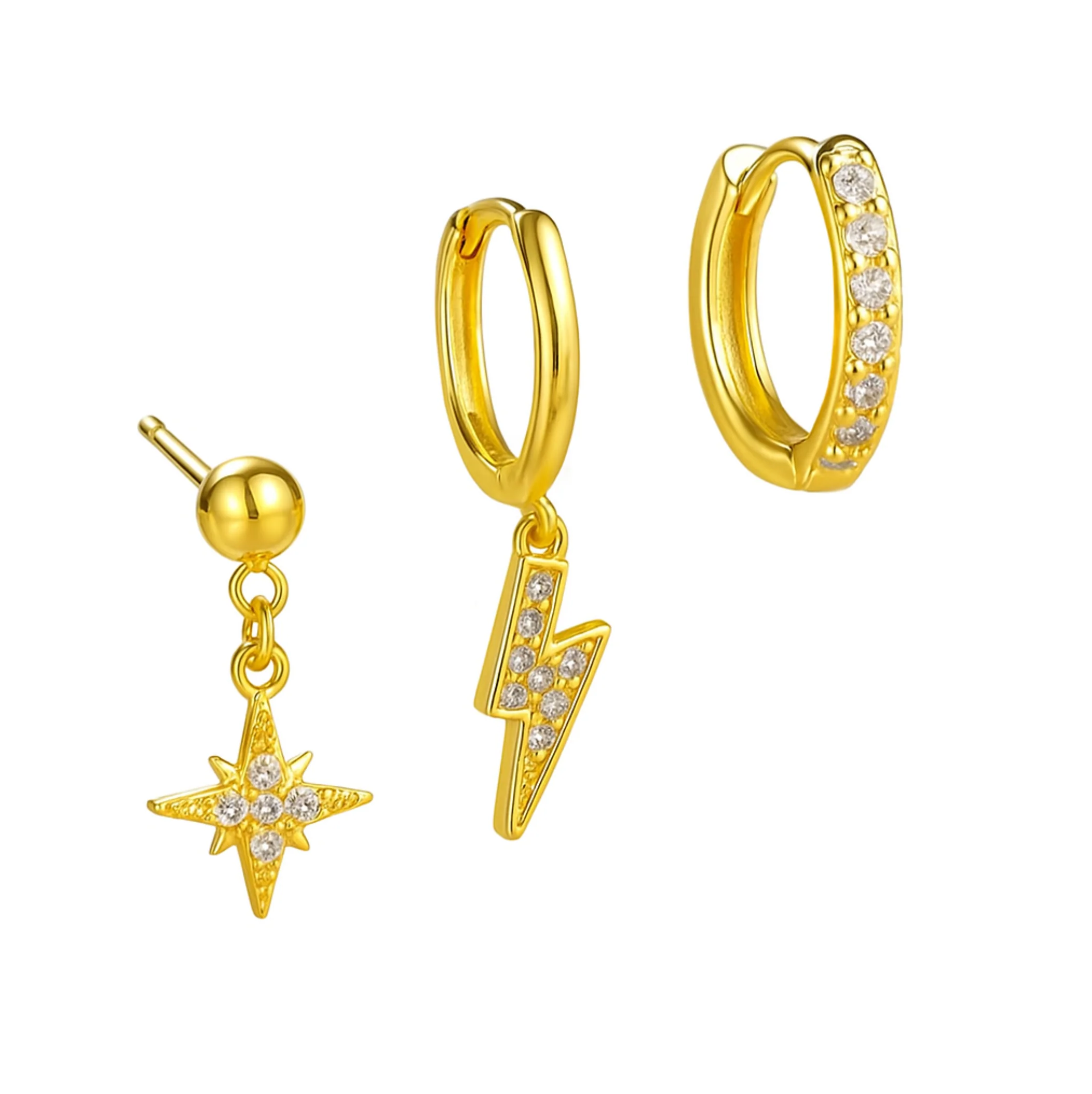 Gold Lightning Bolt and Star Stud and Huggie Trio