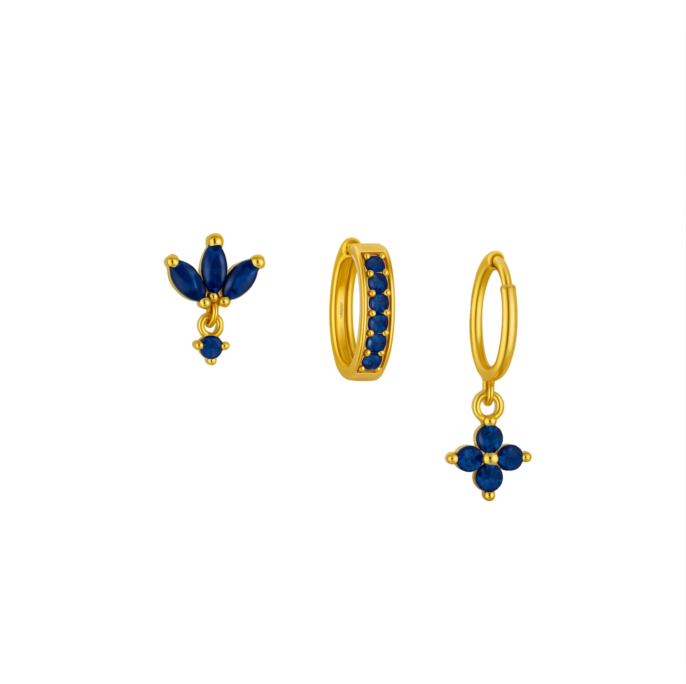 Gold Navy Clover Trio Huggie Set