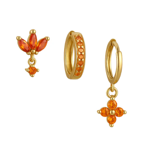 Gold Orange Trio Clover Huggie Set