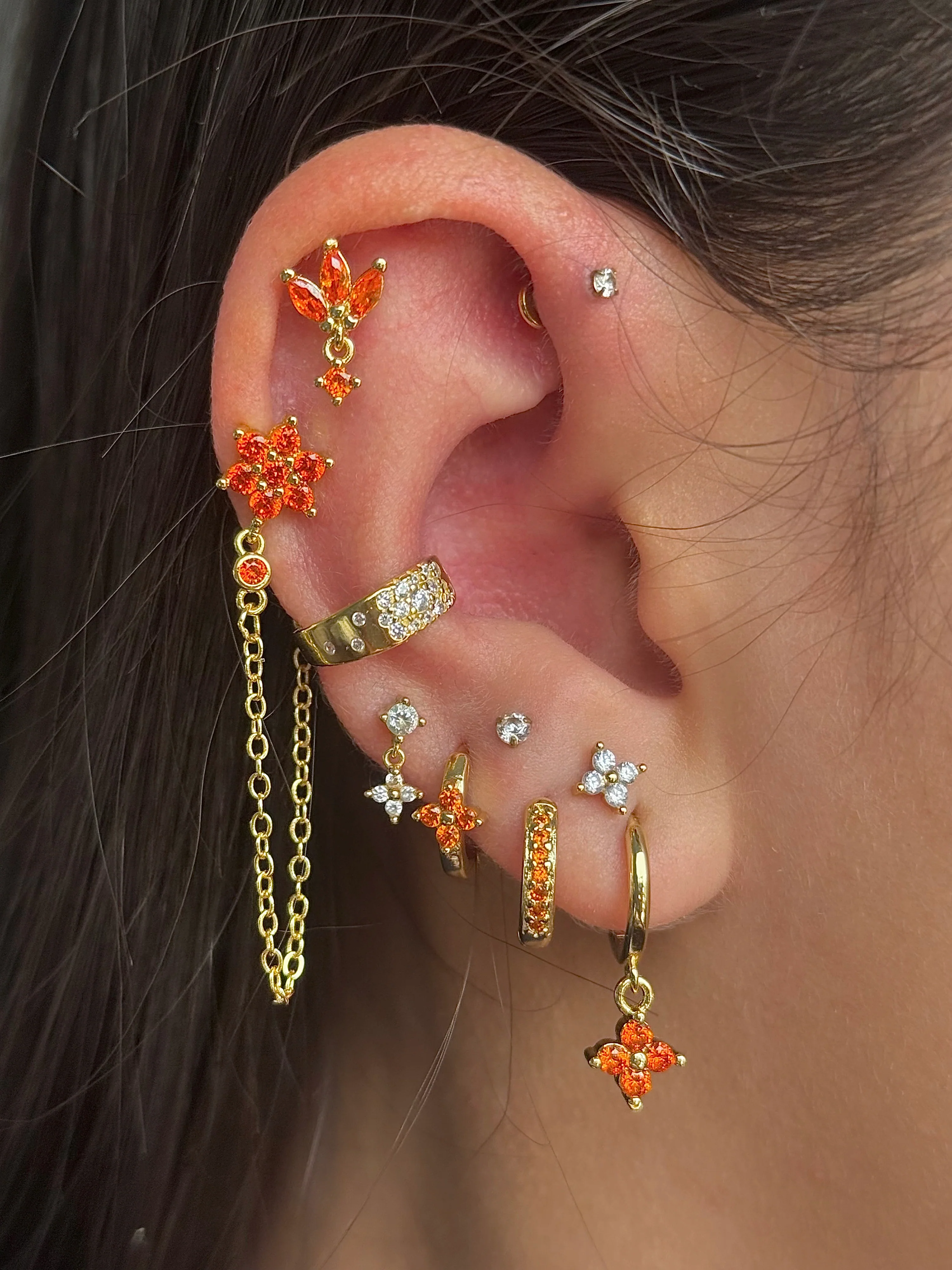 Gold Orange Trio Clover Huggie Set - Image 2