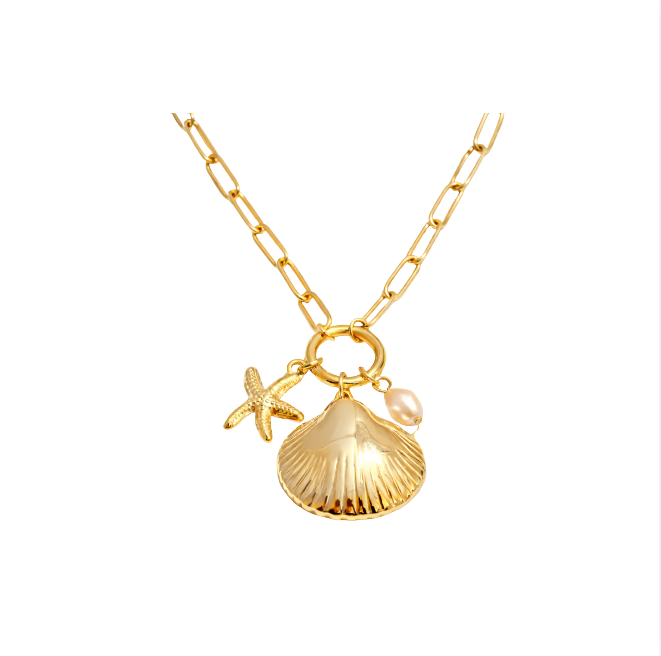 Gold Paperclip Starfish Shell Necklace