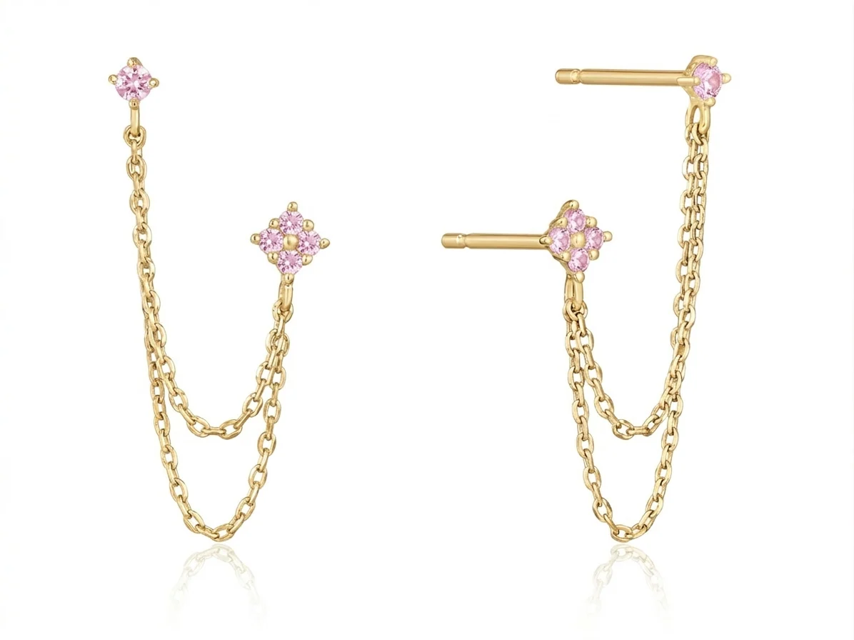 Gold Pink Double Chain Studs
