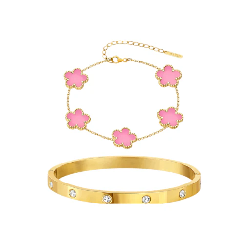 Gold Pink Clover Bracelet and Bangle Set