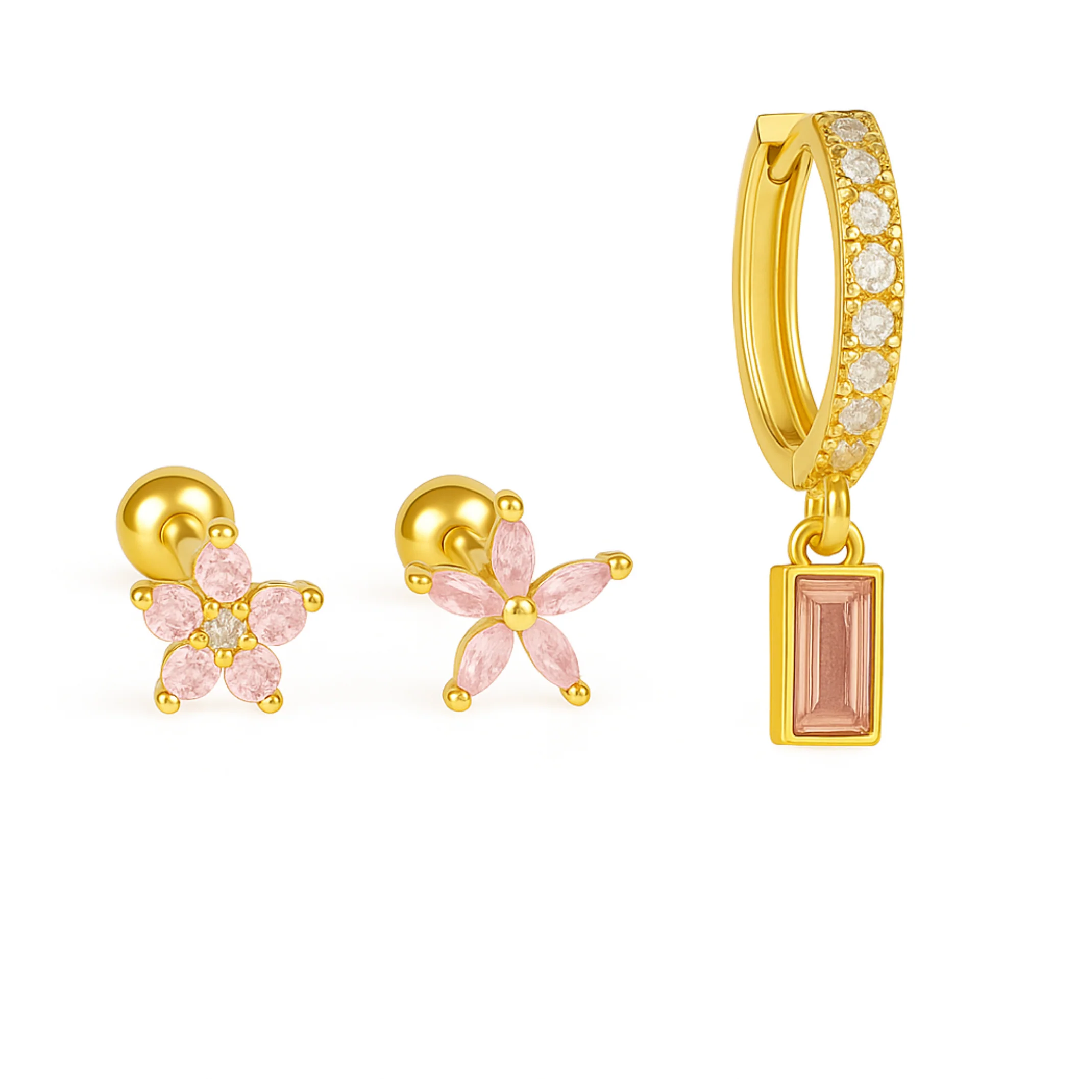Gold Pink Rectangular Huggies and Studs Trio