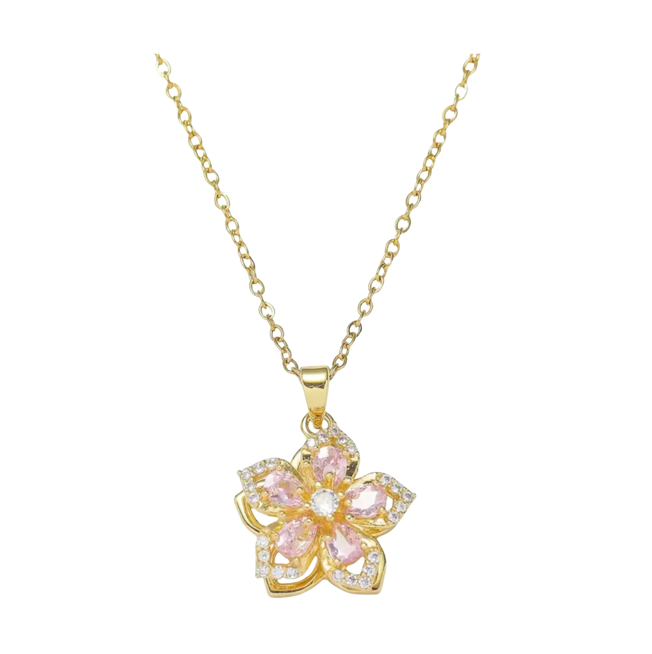 Gold Pink Spinny Flower Necklace