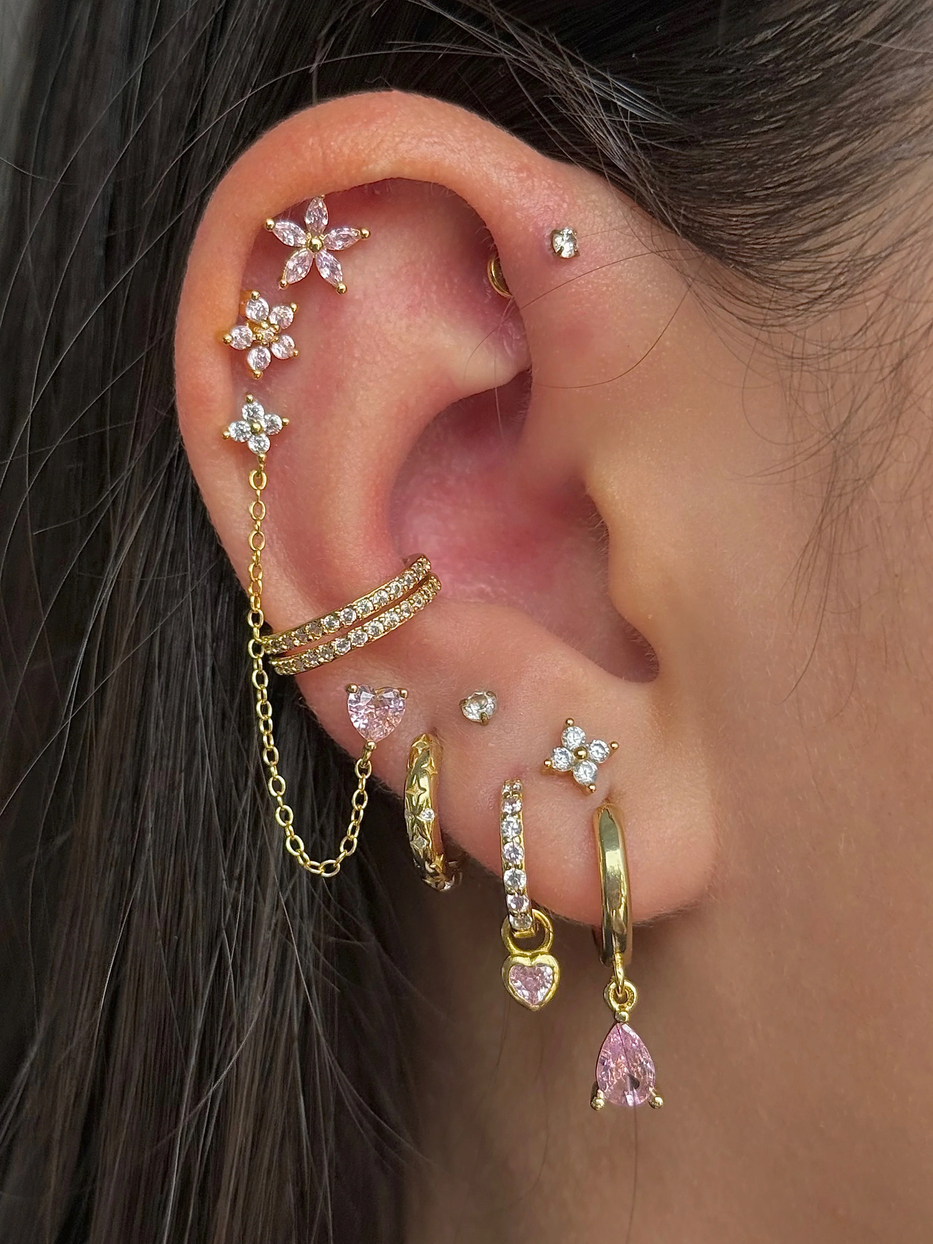 Gold Pink Teardrop Stud and Huggie Trio - Image 3