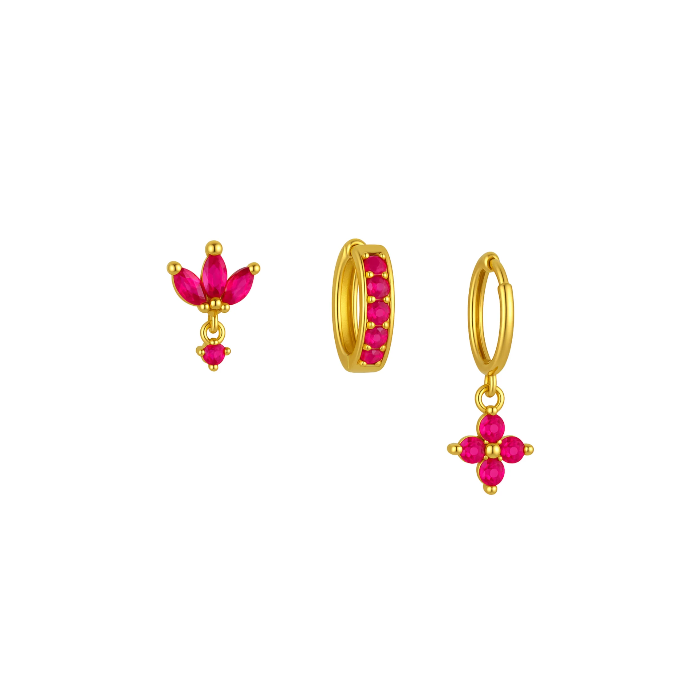 Gold Pink Clover Trio Huggie Set