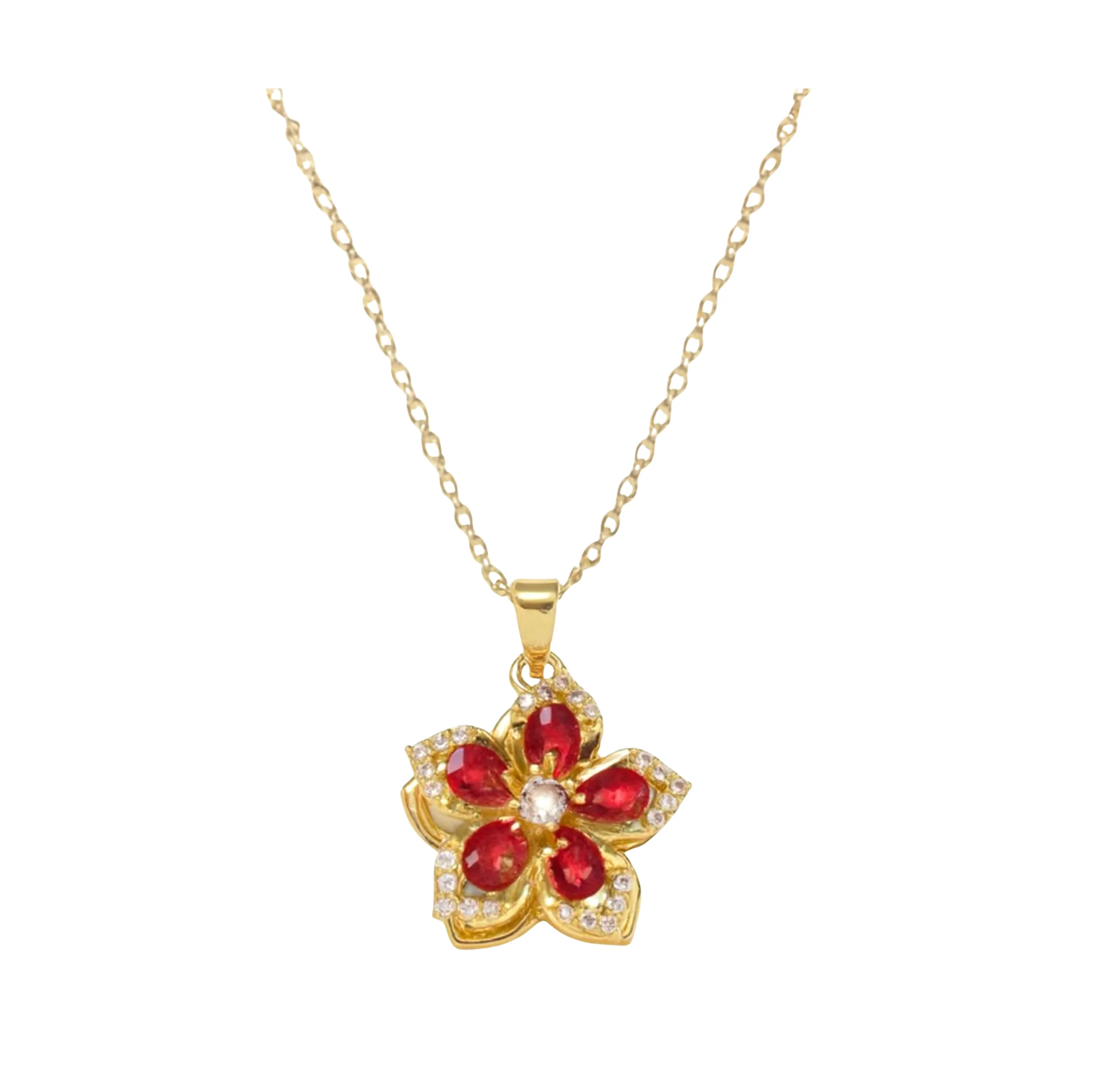 Gold Red Spinny Flower Necklace
