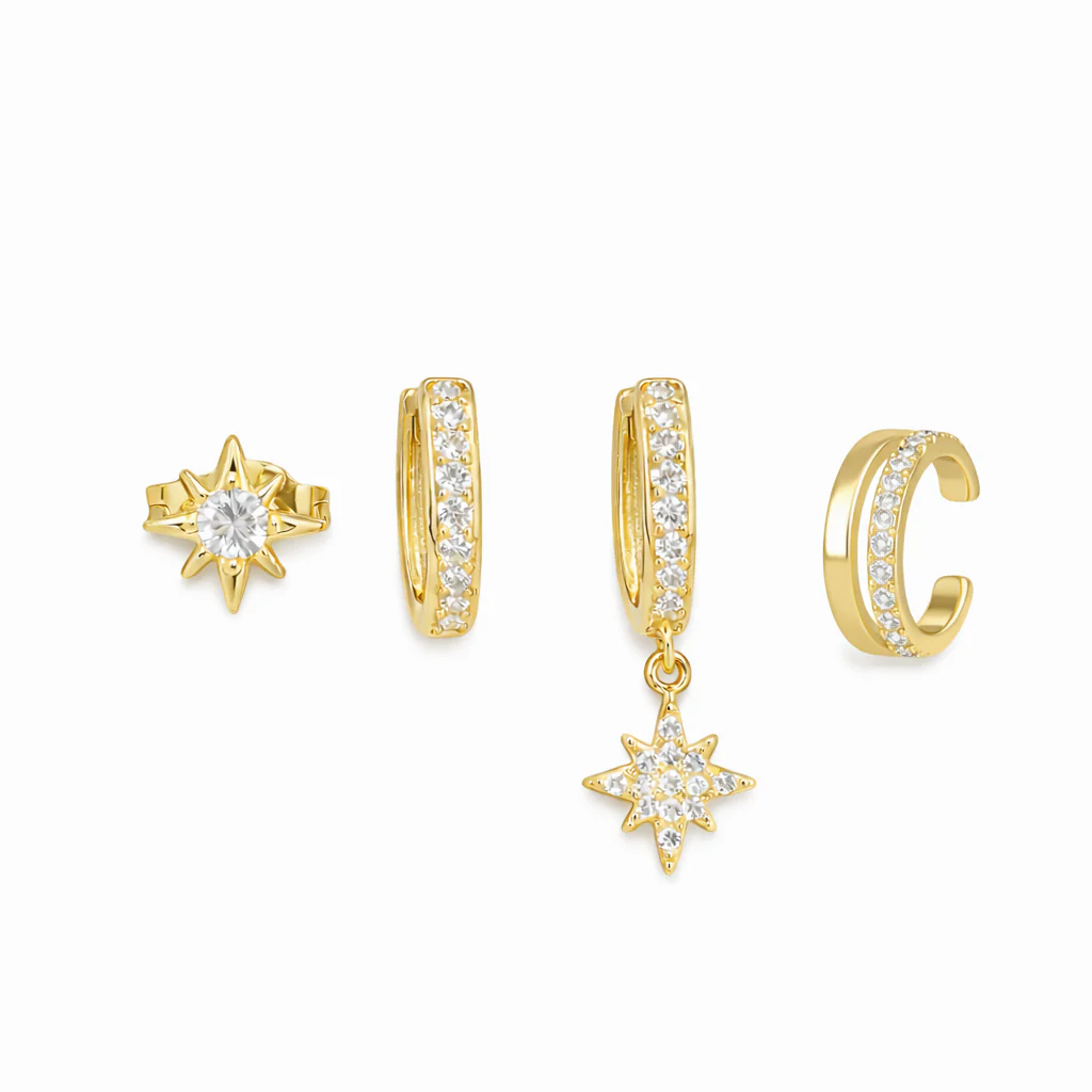 Gold Star Huggie Hoop Stud Cuff Set
