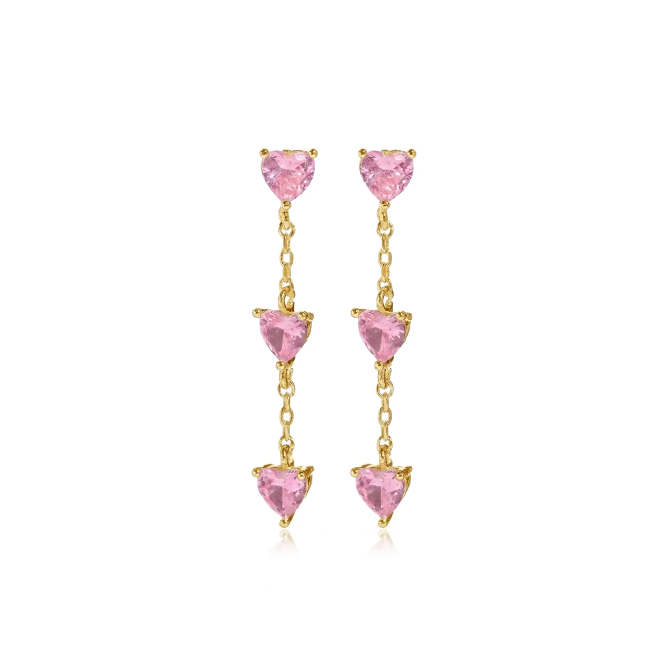 Gold Triple Pink Heart Studs