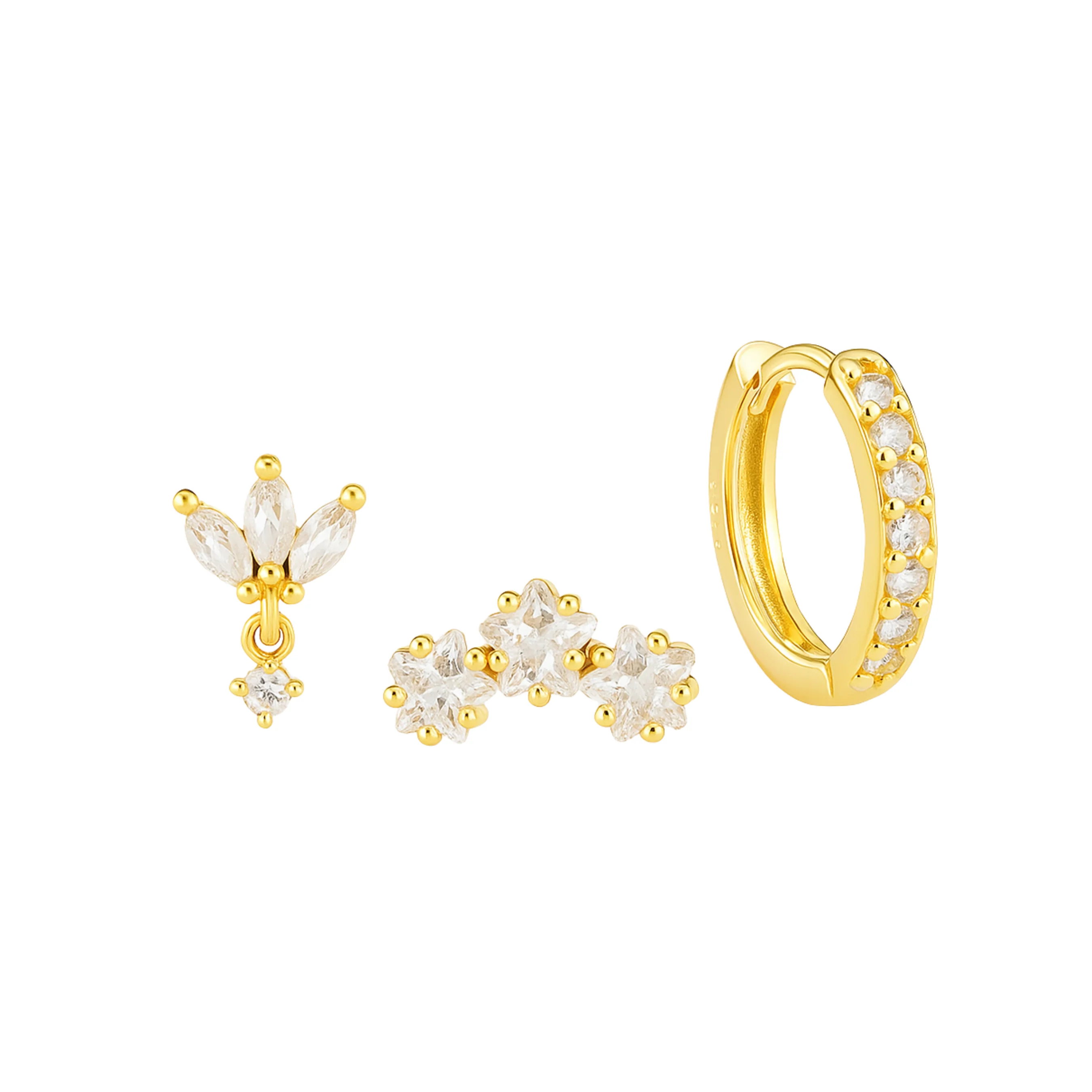 Gold Triple Star Stud and Huggie Trio