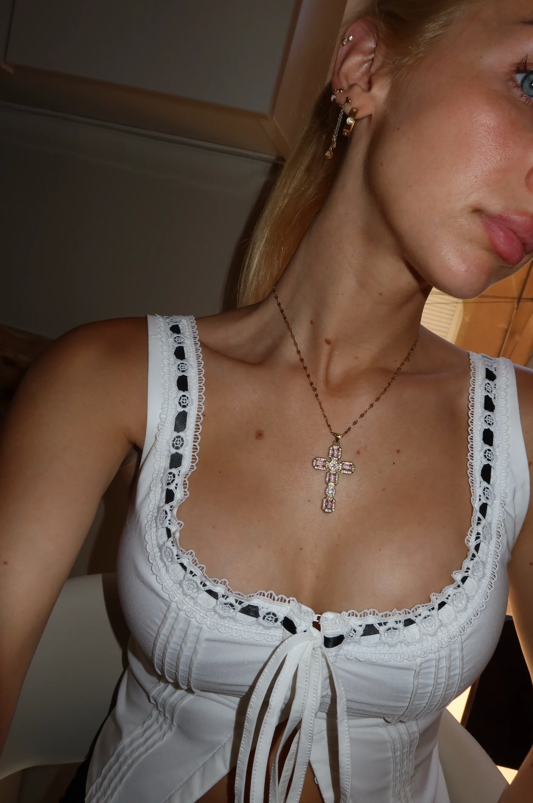 Silver Baby Pink Cross Necklace - Image 3