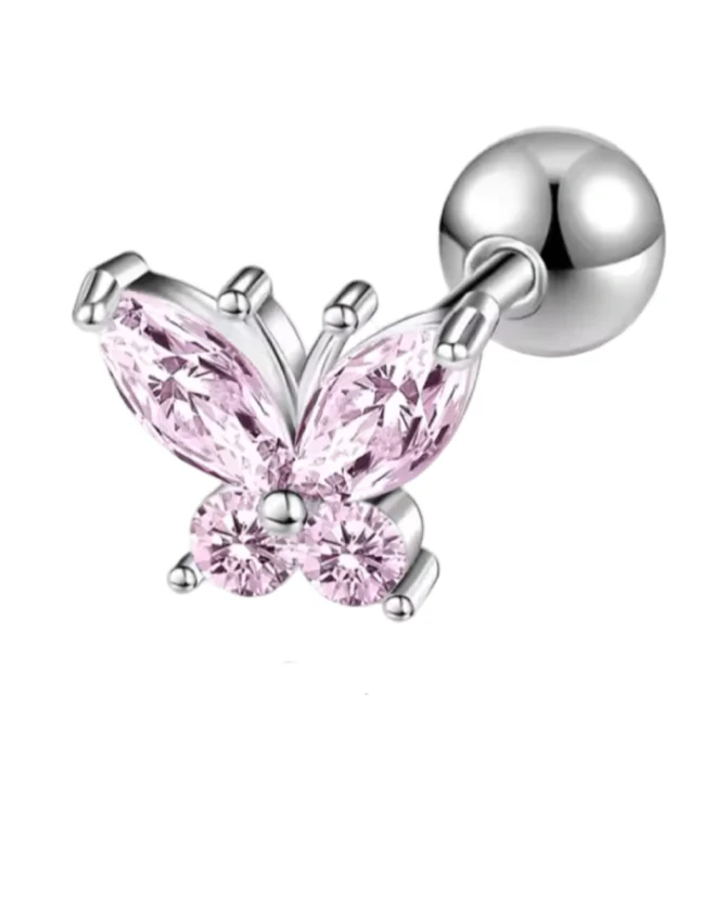 Silver Pink Beautiful Butterfly Helix Stud