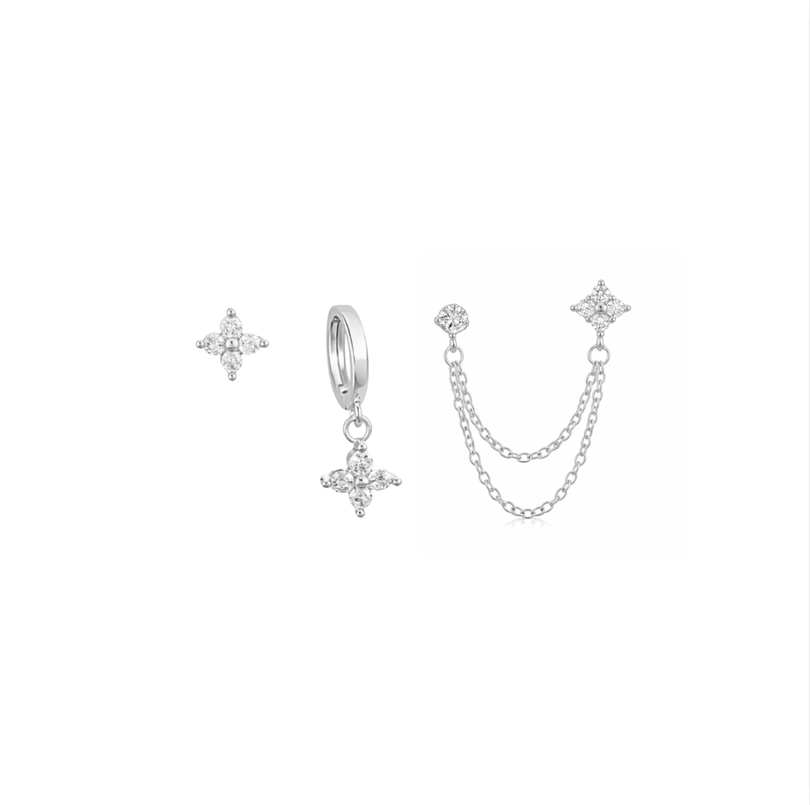 Silver Clover Chain and Huggie Set