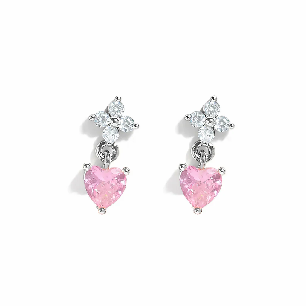 Silver Clover Pink Heart Studs