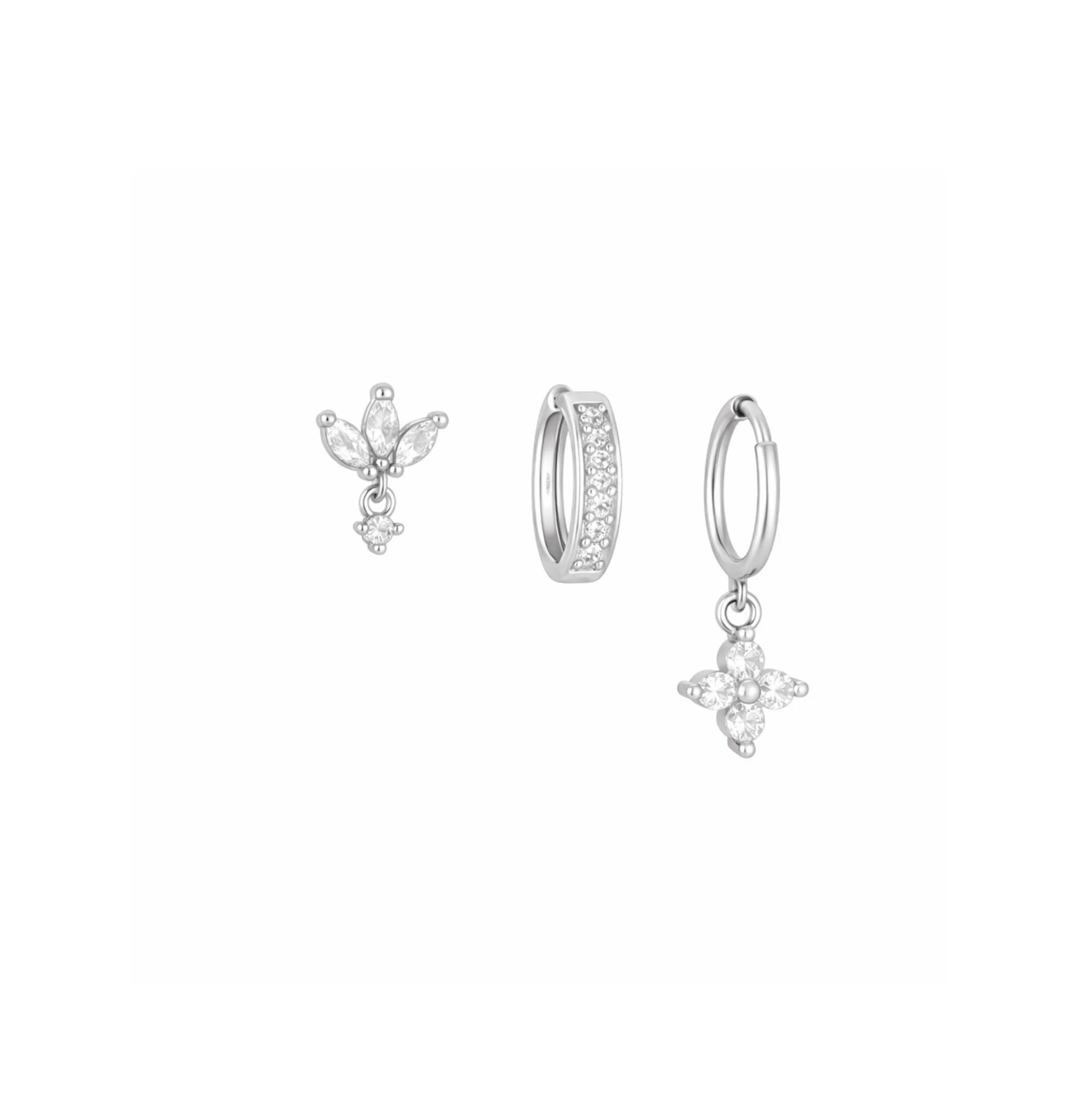 Silver Crystal Clover Trio Huggie Set