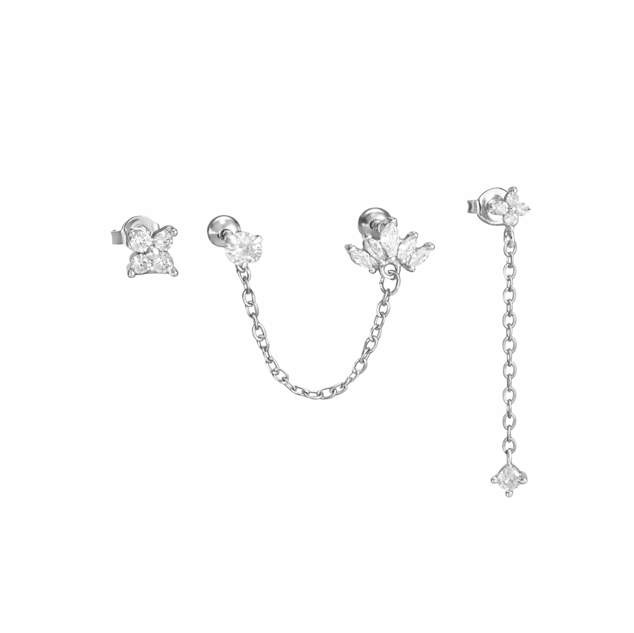 Silver Dangly Chain Crown Stud Set