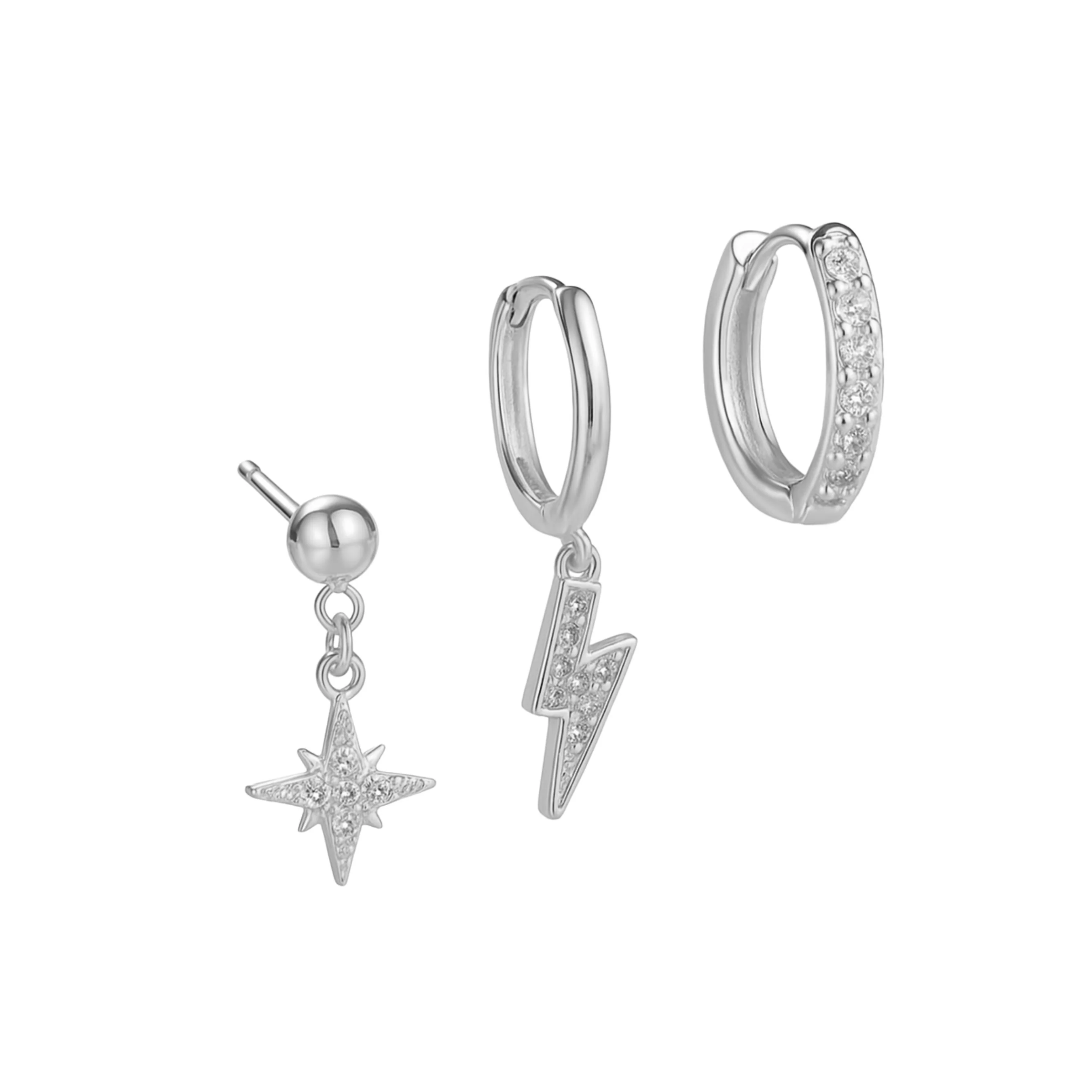 Silver Lightning Bolt and Star Stud and Huggie Trio