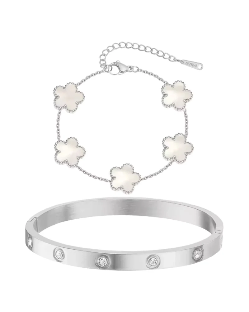 Silver Marble Clover Bracelet and Bangle Set