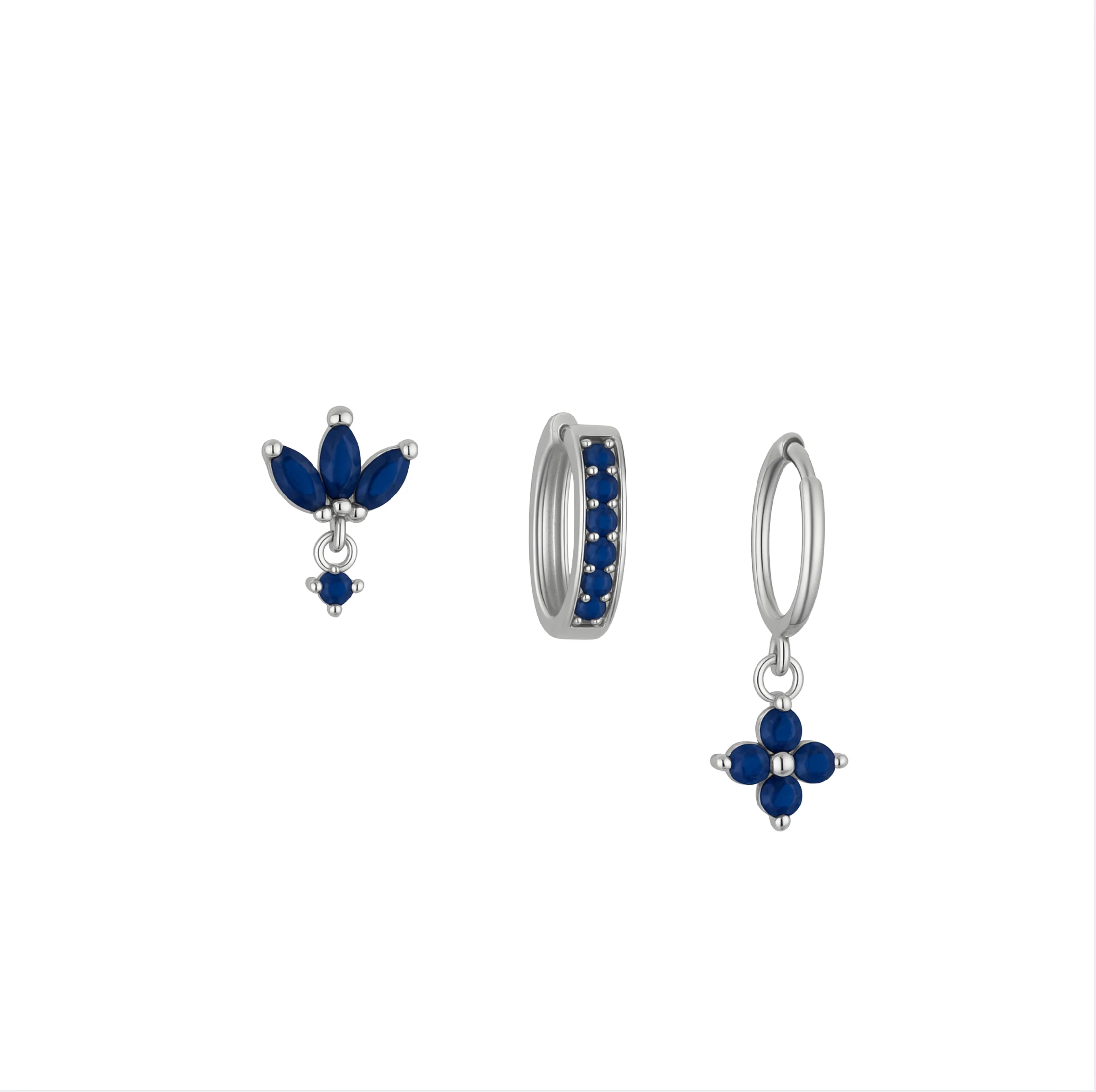 Silver Navy Clover Trio Huggie Set