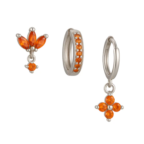 Silver Orange Clover Trio Huggie Set
