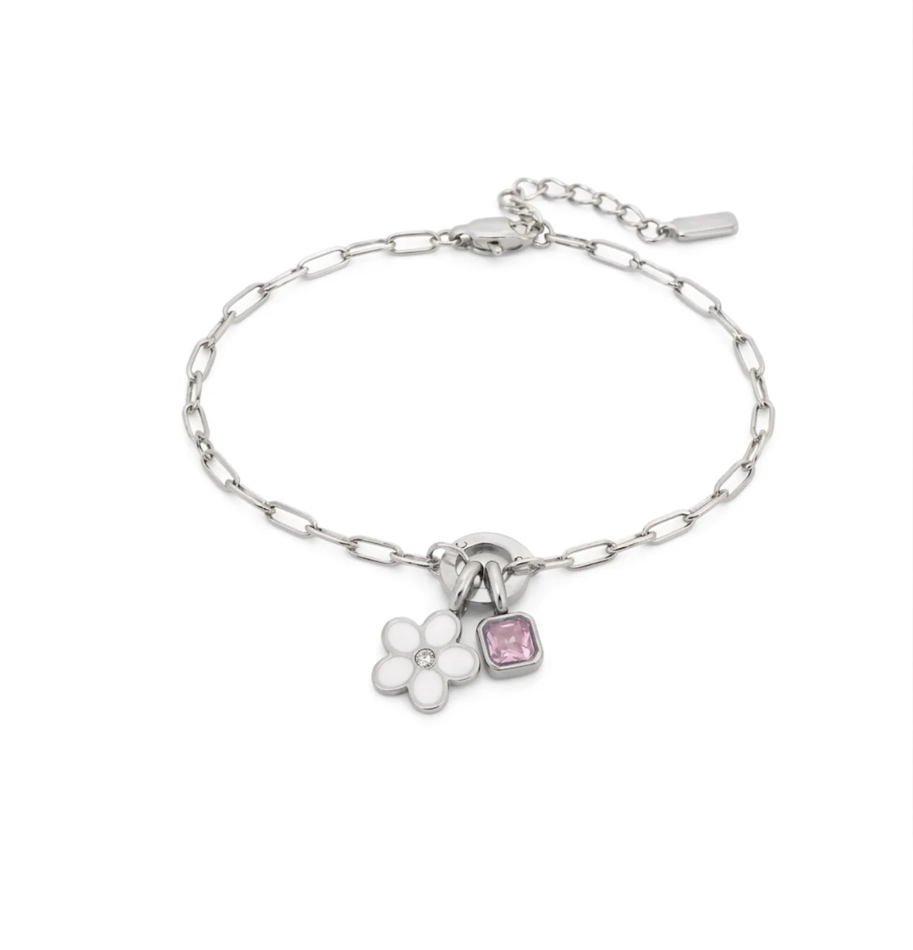 Silver Pink and White Flower Bracelet