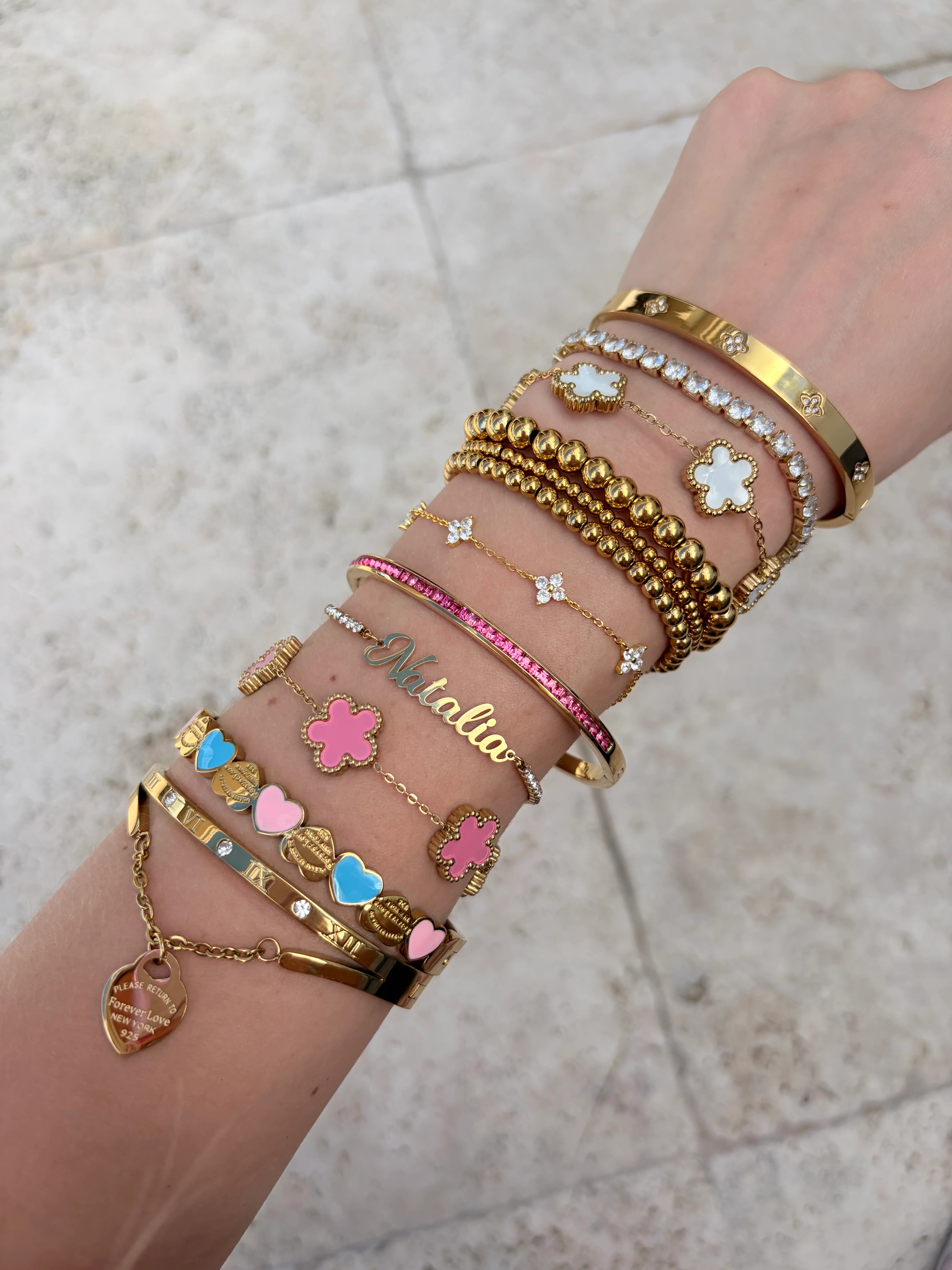 Gold Pink Crystal Layered Bangle - Image 4