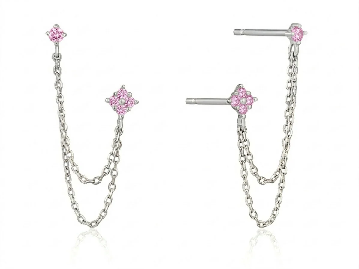 Silver Pink Double Chain Studs