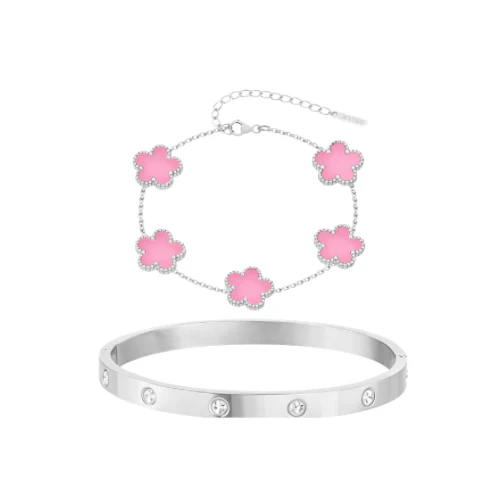 Silver Pink Clover Bracelet and Bangle Set