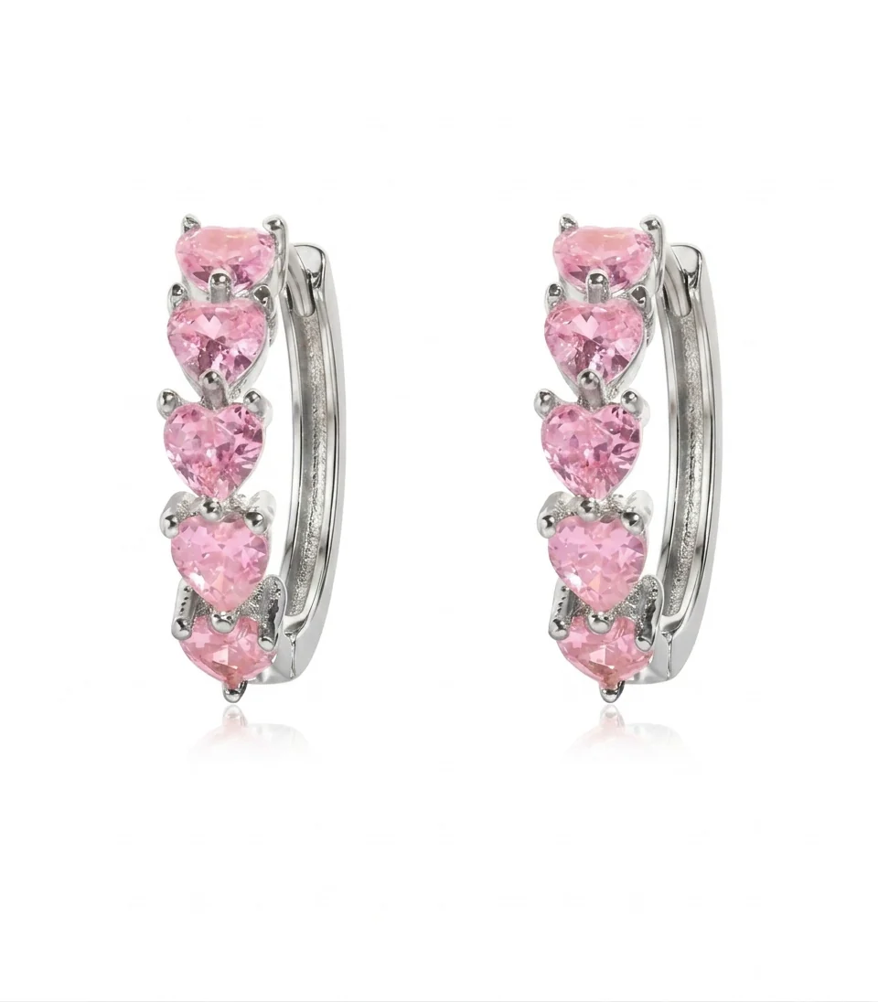 Silver Pink Heart Hoops