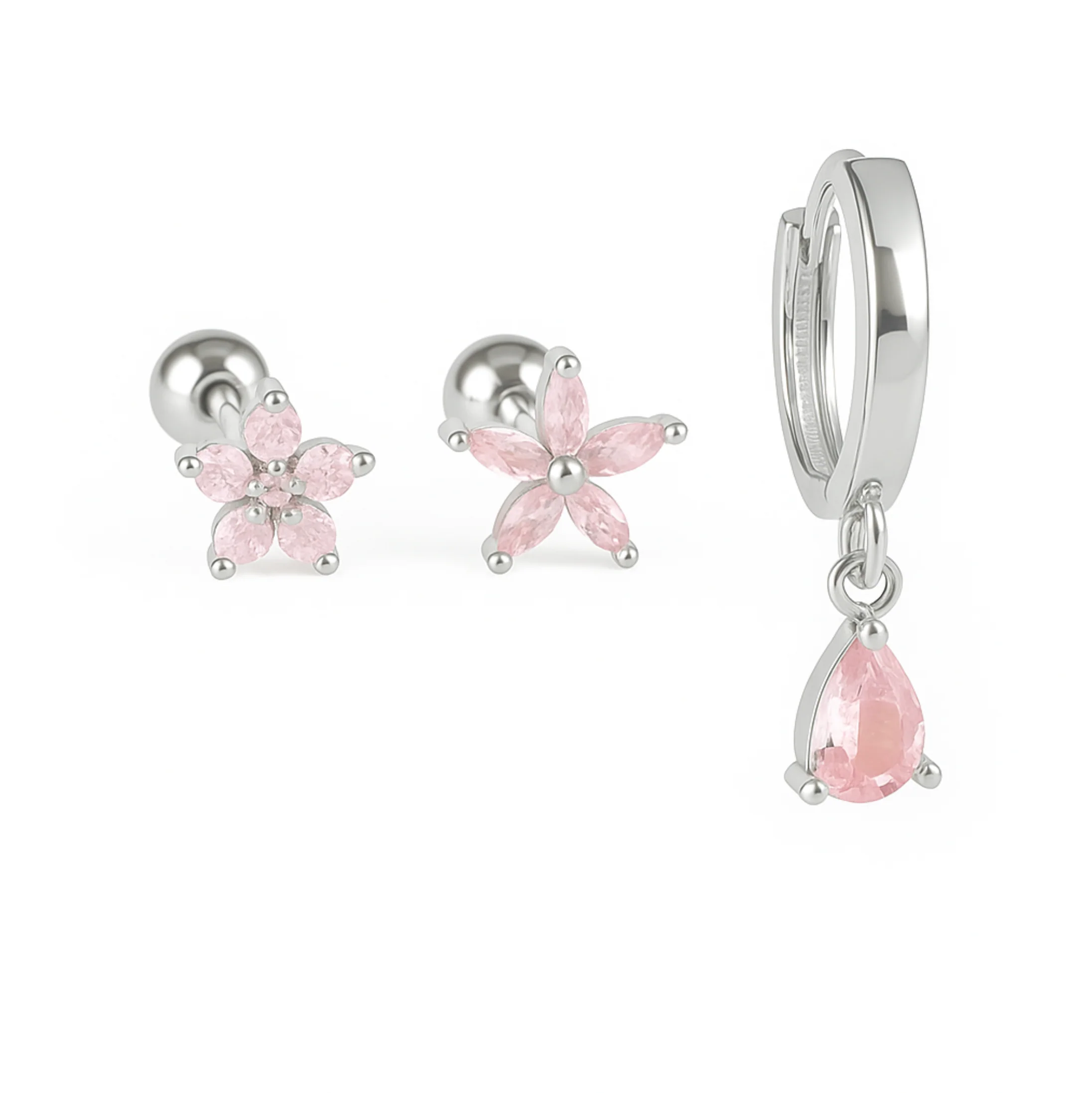 Silver Pink Teardrop Stud and Huggie Trio