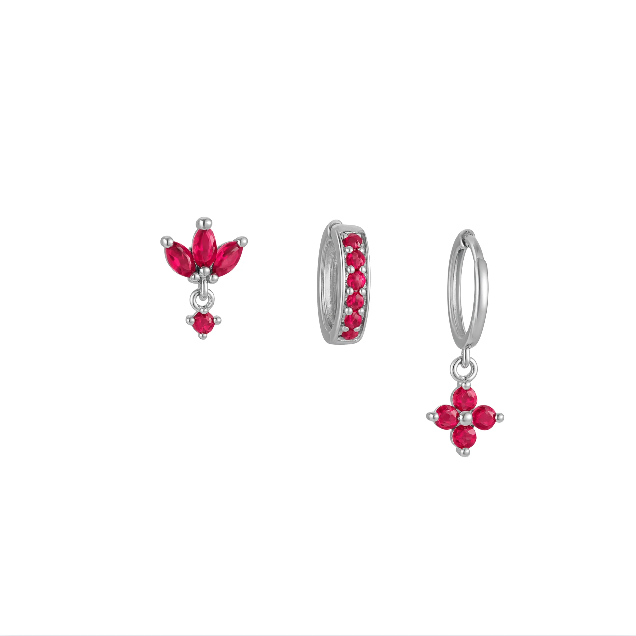 Silver Pink Clover Trio Huggie Set