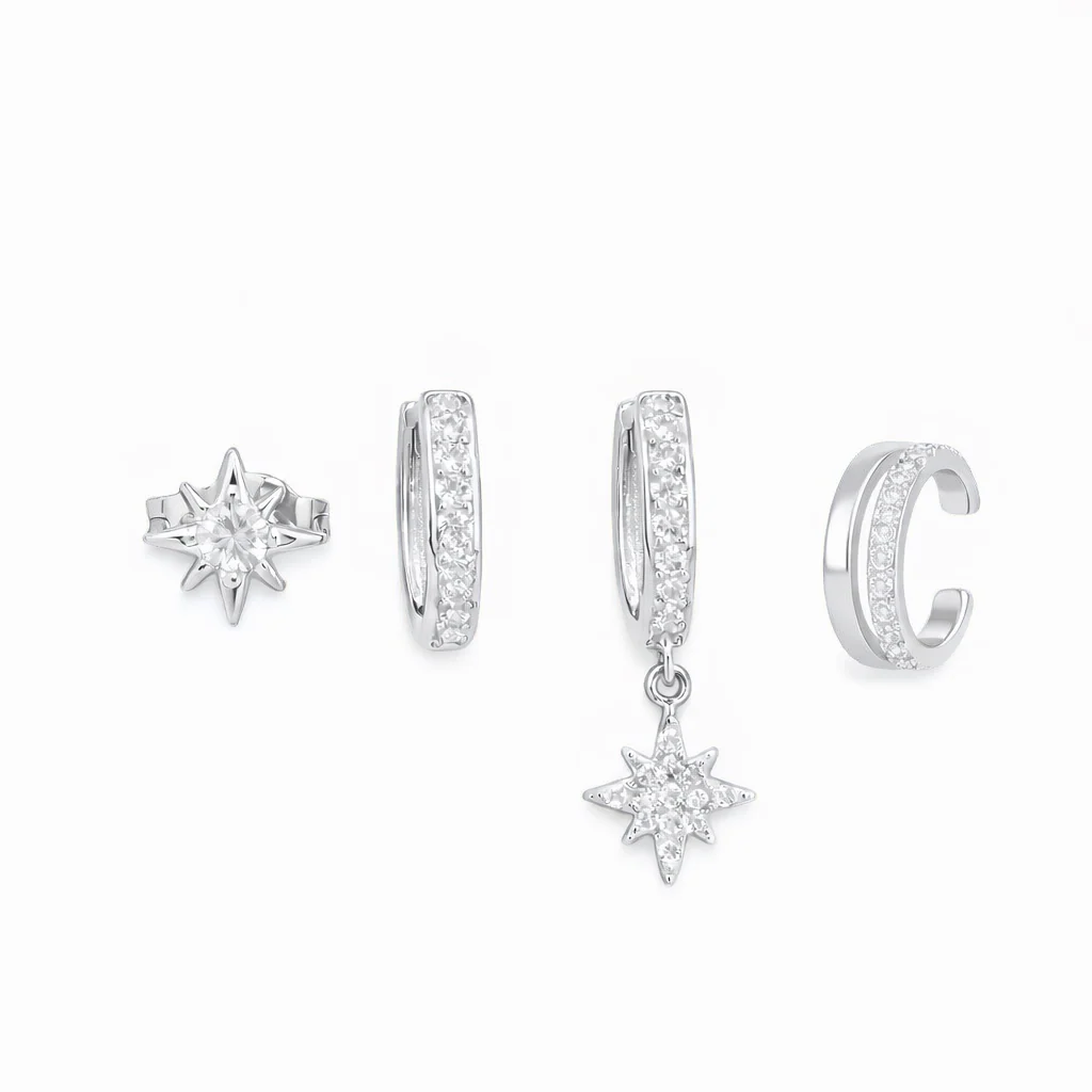 Silver Star Huggie Hoop Stud Cuff Set