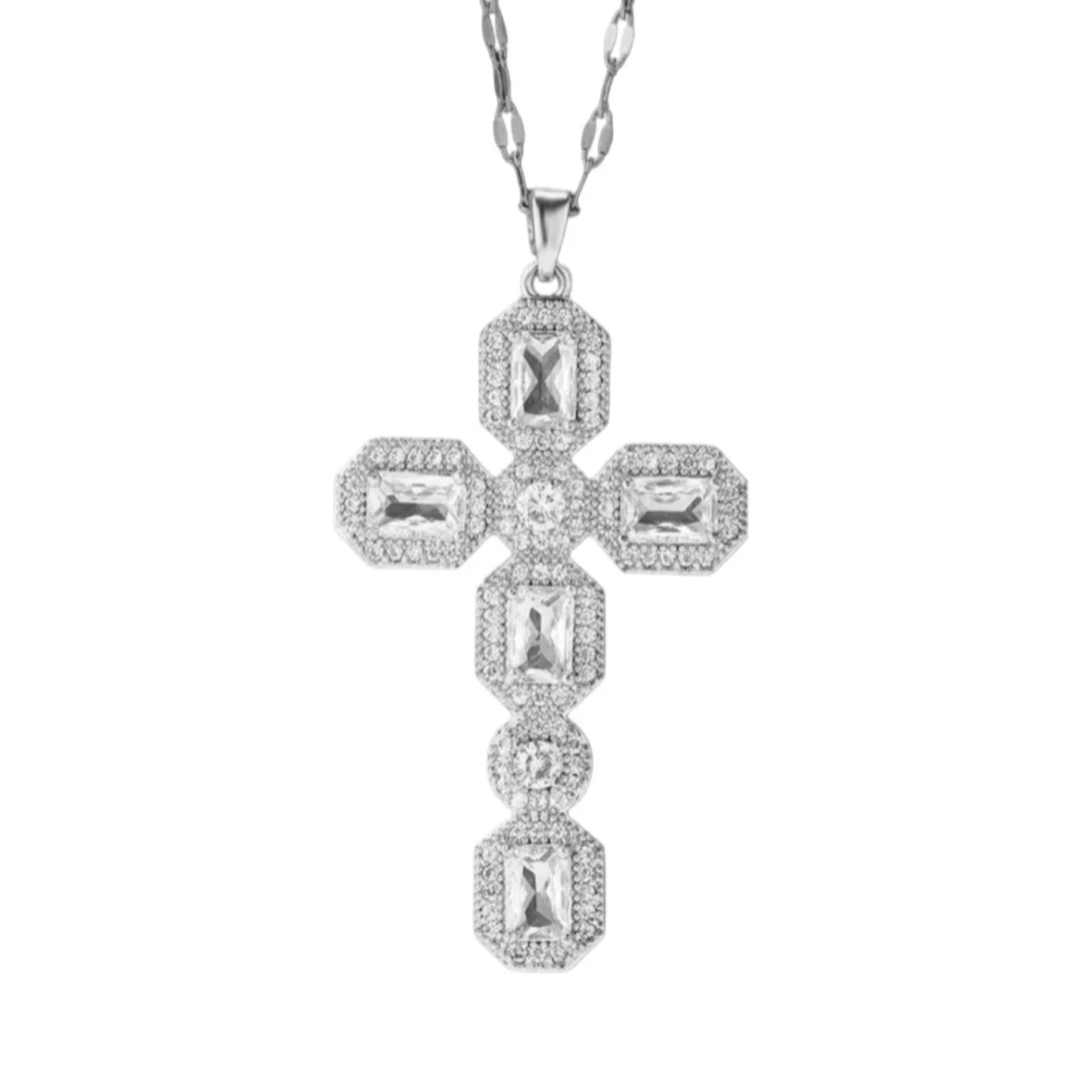 Silver Super Crystal Cross Necklace