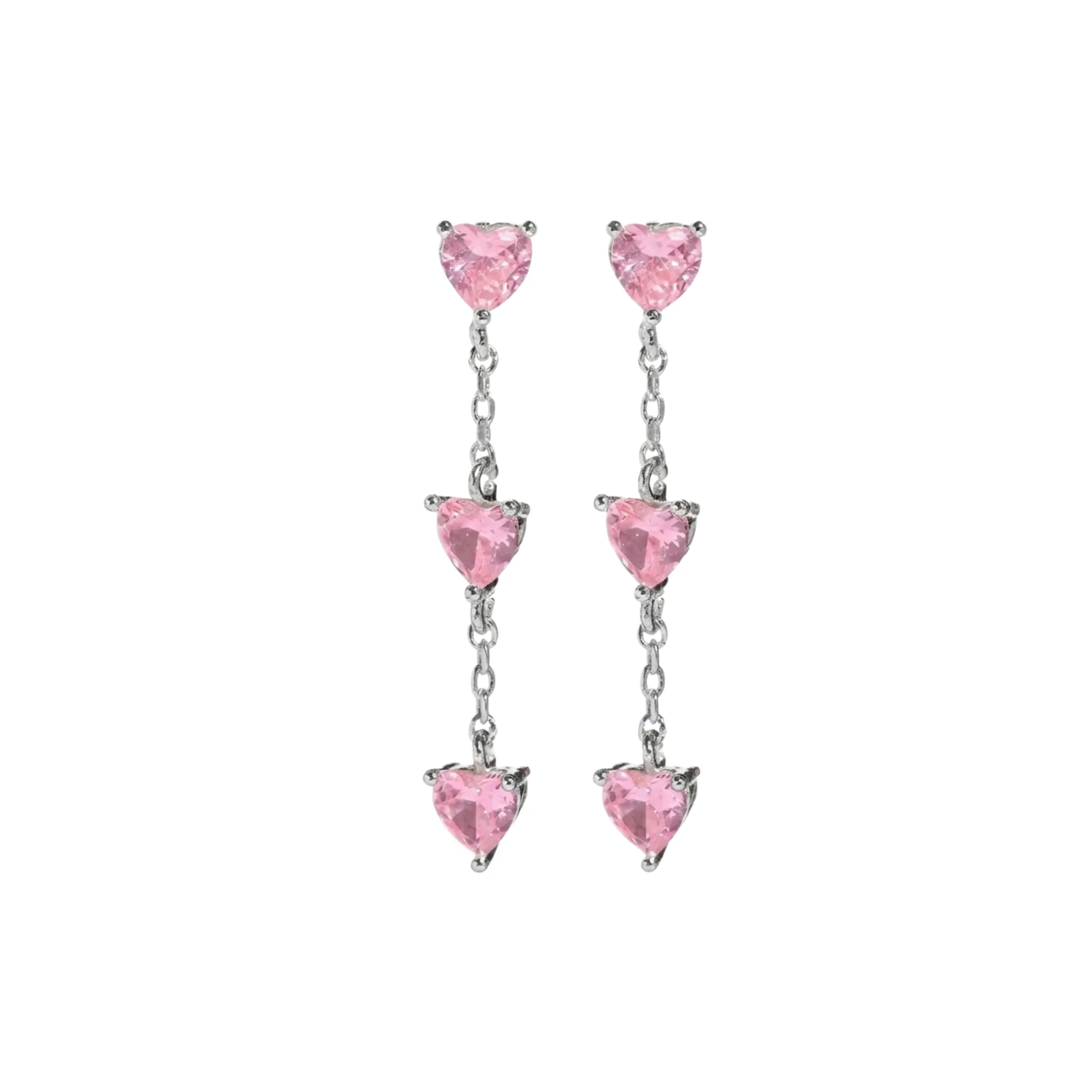 Silver Triple Pink Heart Studs