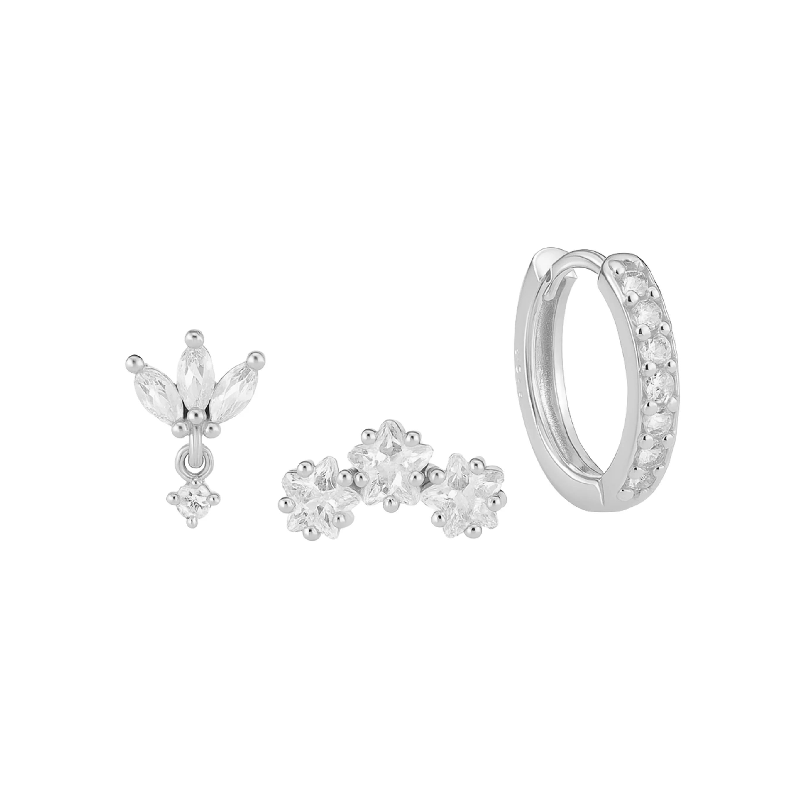 Silver Triple Star Stud and Huggie Trio
